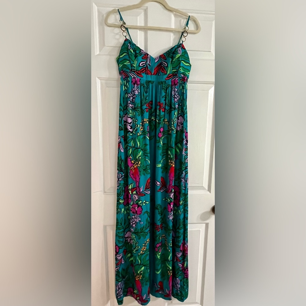 EUC LILLY PULITZER SIZE 4 JOANNA MAXI DRESS *SHAKE YOUR TAIL FEATHERS* HTF